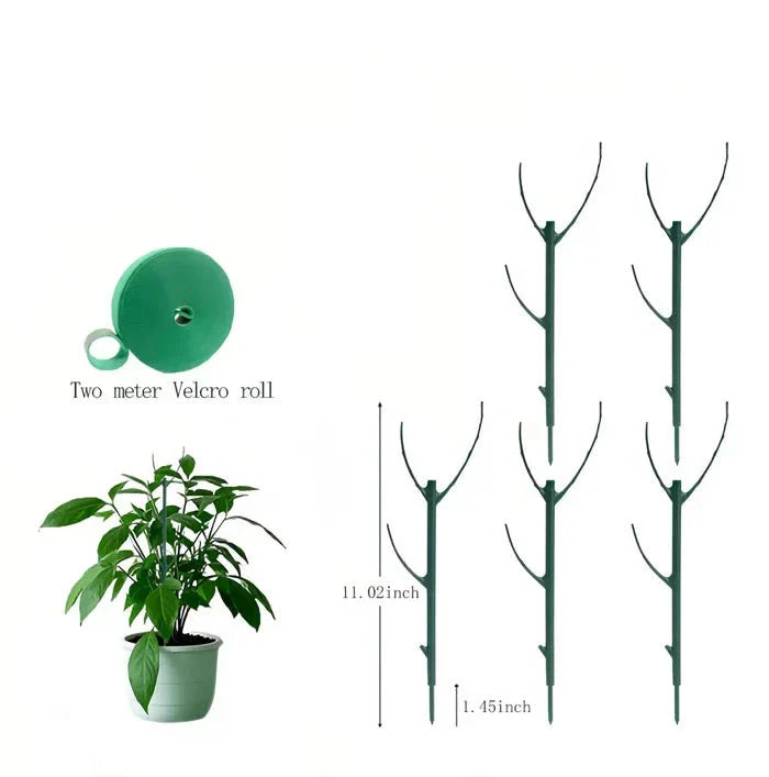 A 2-meter green Velcro roll, a potted plant with a support stake, and 4 green plant support stakes with 11.02 inch length and 1.45 inch pointed tip.