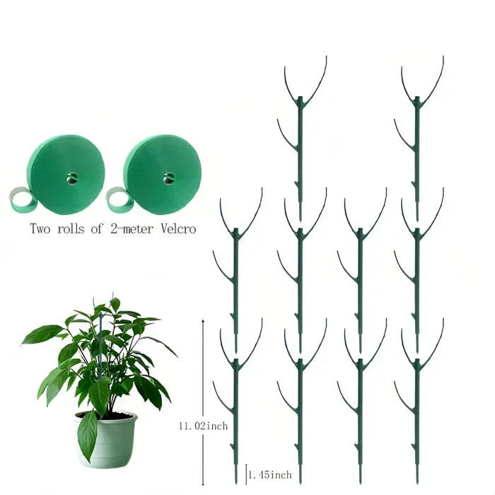 Two 2-meter green Velcro rolls, a potted plant with a support stake, and 10 green plant support stakes with 11.02 inch length and 1.45 inch pointed tip.