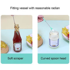 Mini Silicone Telescopic Spatula - Two side-by-side demo panels: soft scraper in ketchup bottle, curved spoon head in a jar, with header text and labeled sections.