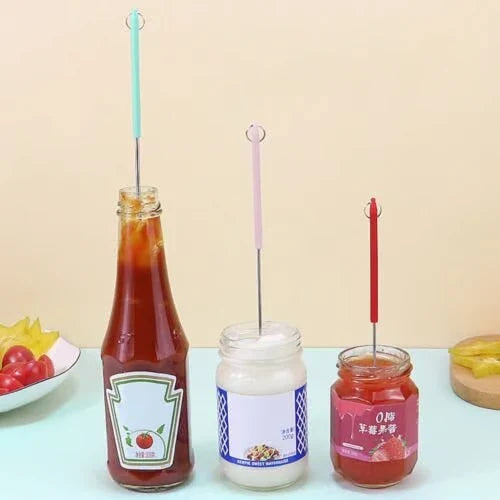 Mini Silicone Telescopic Spatula - Tools inserted into ketchup, mayonnaise, and jam jars to demonstrate deep reach for residue removal