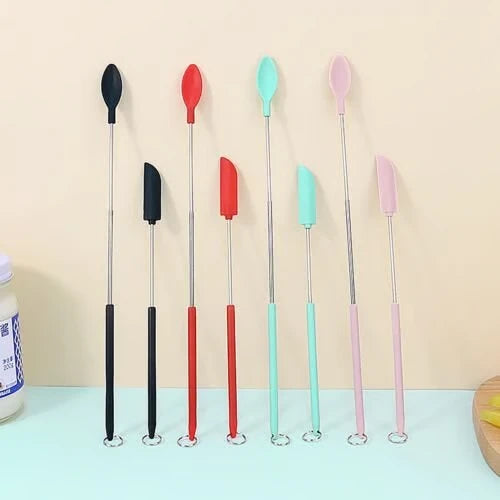 Mini Silicone Telescopic Spatula - Full color assortment of spoon and spatula style tools displayed in folded and unfolded positions