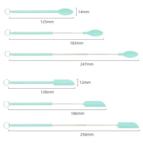Mini Silicone Telescopic Spatula - Six long-handled kitchen tools in two head styles, shown with length and head width dimensions.