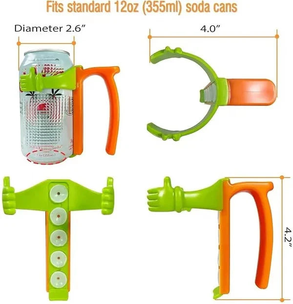 Soda Can Lids - Soda can handle accessory clipped to a standard 12oz can, shown from multiple angles with dimension markings.