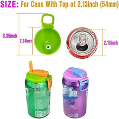 Tapas para latas de refresco reutilizables con pestañas de transporte integradas, mostradas junto a la parte superior de una lata de refresco con medidas de dimensiones.