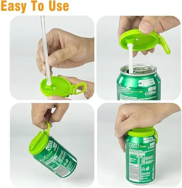 Soda Can Lids - Four-step demo showing how to attach a straw lid and carry ring to an opened soda can.