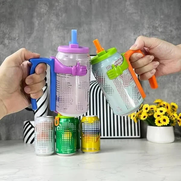Soda Can Lids - Two hands holding standard aluminum soda cans fitted with colorful hug handles and straw lids, toasting above a counter with extra cans nearby