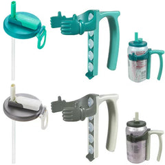 Soda Can Lids - Two sets of can handles and lids with straws, one teal set and one gray-white set, each handle clipped to a standard drink can