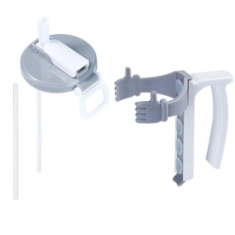 Soda Can Lids - Two-part plastic beverage can accessory set shown unassembled against white background, with straw segments, lid, and hug-style handle