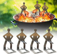 Funny Sausage Grill - Set of four human-shaped metal holders, three shown holding hot dogs over an open flame on a round charcoal grill