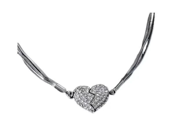 Magnetic Love Patchwork Necklace - Silver-toned multi-strand necklace with pave crystal split heart magnetic pendant