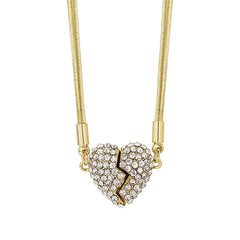 Magnetic Love Patchwork Necklace - Gold-tone snake chain necklace with pave crystal split heart magnetic pendant