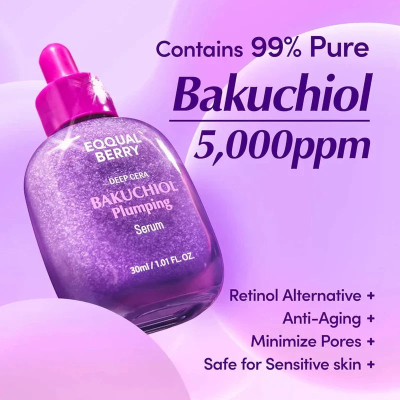 Plumping Serum - Bottle with 99% pure bakuchiol 5000ppm benefit text on purple background