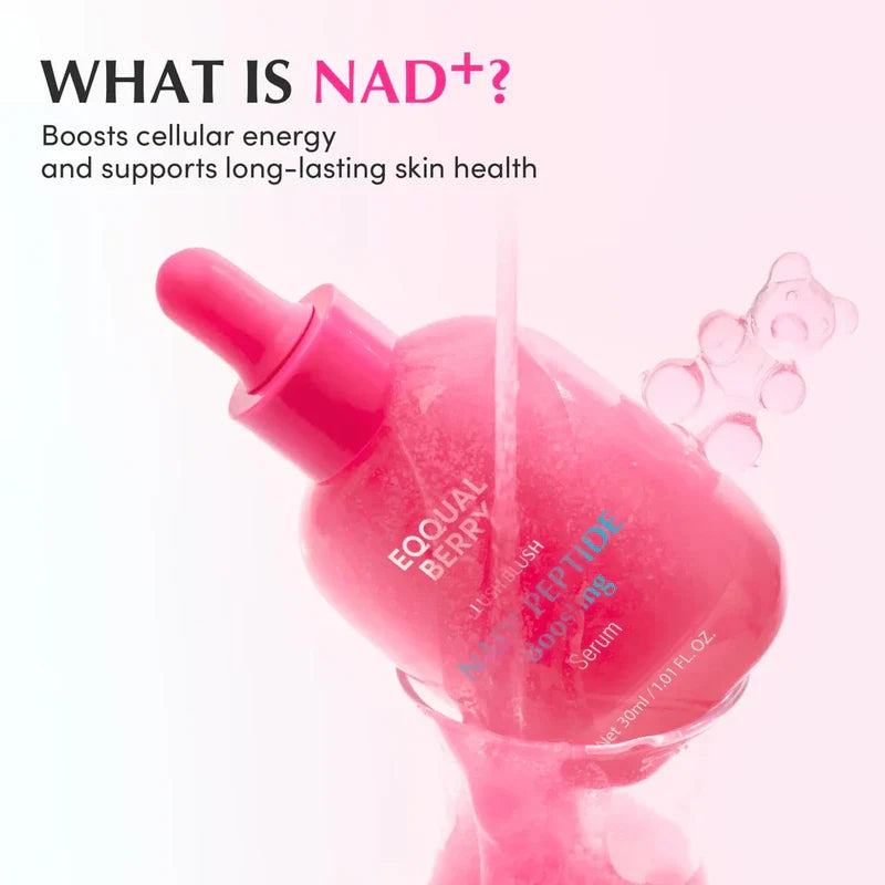 Lush Blush Nad+ Peptide Boosting Serum 30 Ml - Pink dropper serum bottle being poured, with text explaining NAD+ benefits