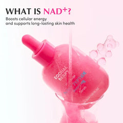 Lush Blush Nad+ Peptide Boosting Serum 30 Ml - Pink dropper serum bottle being poured, with text explaining NAD+ benefits
