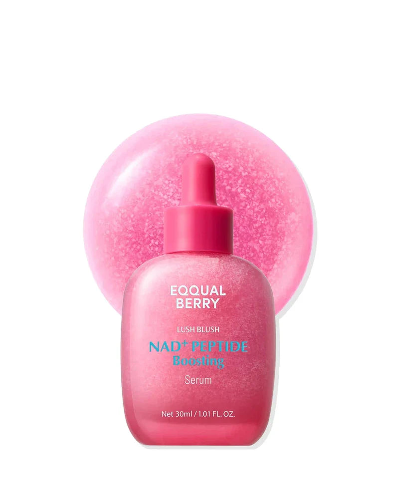 Lush Blush Nad+ Peptide Boosting Serum 30 Ml - Pink frosted glass dropper bottle of serum with swatch of pink shimmery product behind it