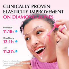Lush Blush Nad+ Peptide Boosting Serum 30 Ml - Smiling young woman applying pink facial serum, with face diamond zone elasticity improvement percentage data displayed
