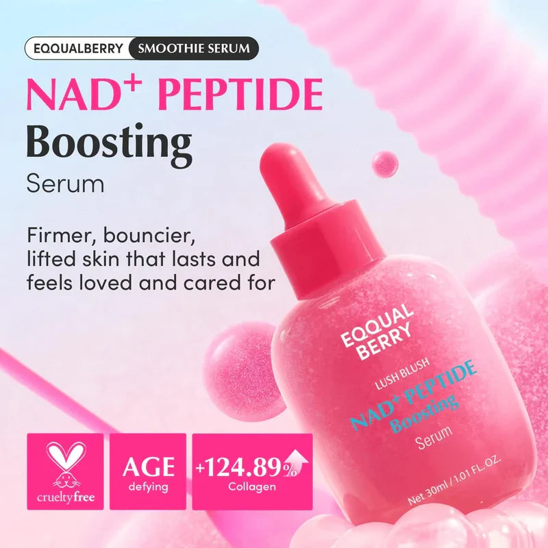 Lush Blush Nad+ Peptide Boosting Serum 30 Ml - Pink dropper serum bottle surrounded by pink bubble accents on a pastel promotional graphic
