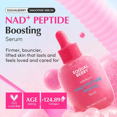 Lush Blush Nad+ Peptide Boosting Serum 30 Ml - Pink dropper serum bottle surrounded by pink bubble accents on a pastel promotional graphic