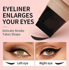 Rotating Eyeliner Pen - Dual-ended winged eyeliner stamp shown against a pink background, with closeups of stamped wing shapes on the left and right eyes