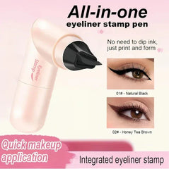 Rotating Eyeliner Pen - All-in-one integrated stamp tool with available natural black and honey tea brown shade swatches