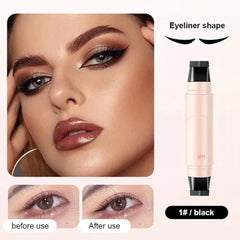 Rotating Eyeliner Pen - Double-ended black winged eyeliner stamp tool displayed with closeup before and after eye application examples