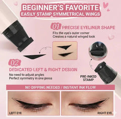 Rotating Eyeliner Pen - Closeup breakdown of dual left/right winged eyeliner stamp, showing stamp shape and stamped eyeliner on both closed eyes