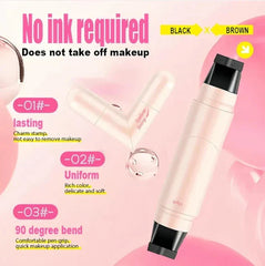Rotating Eyeliner Pen - Double-ended triangular eyeliner stamp pen in light pink casing, with product feature text over a pink background.