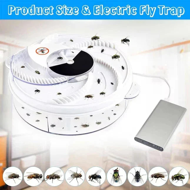 Rotating electric fly trap shown with USB power bank connection, and multiple fly species displayed at the bottom.