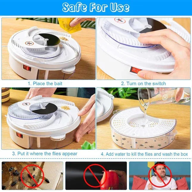 Four-step use guide for the electric fly trap, with three forbidden practices shown below the steps.