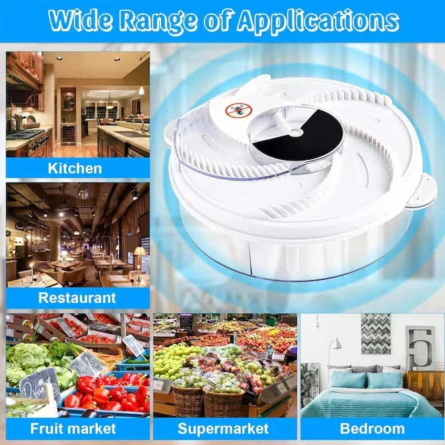 Electric Fly Trap - Rotary fly trap shown with example application scenes: kitchen, restaurant, fruit market, supermarket, bedroom.