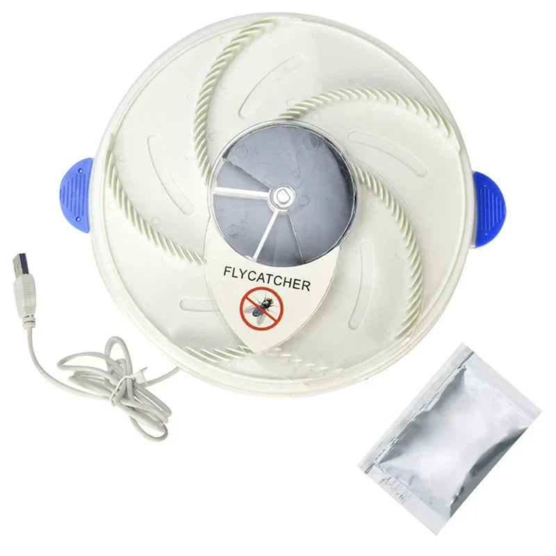 Electric Fly Trap - Round flycatcher device with attached USB power cord and single silver bait packet
