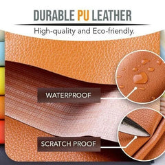 Leather repair kit PU leather swatch with waterproof and scratch proof callouts, plus durable eco-friendly text at top.