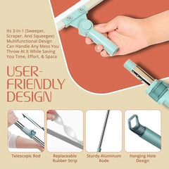 Magic Broom - Hand holding the mint squeegee head, with four feature insets showing telescopic pole, replaceable strip, aluminum rod, hanging hole