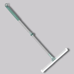 Magic Broom - Full cleaning tool with adjustable metal pole, teal grip accents, and flat rubber cleaning head against a plain gray background
