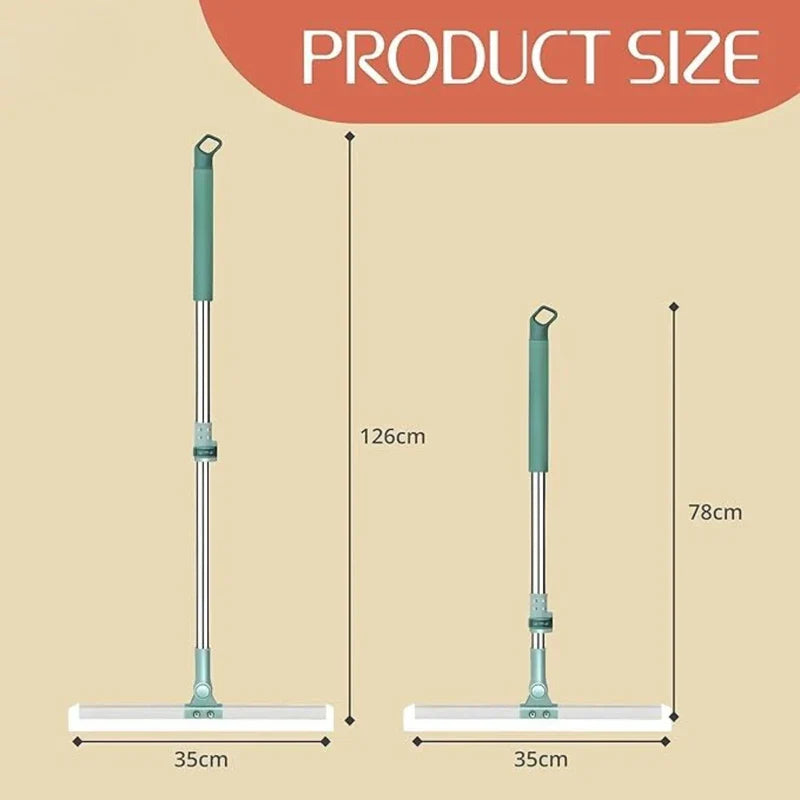 Magic Broom - Size comparison diagram showing extended and collapsed handle lengths, plus cleaning head width, on a neutral beige background