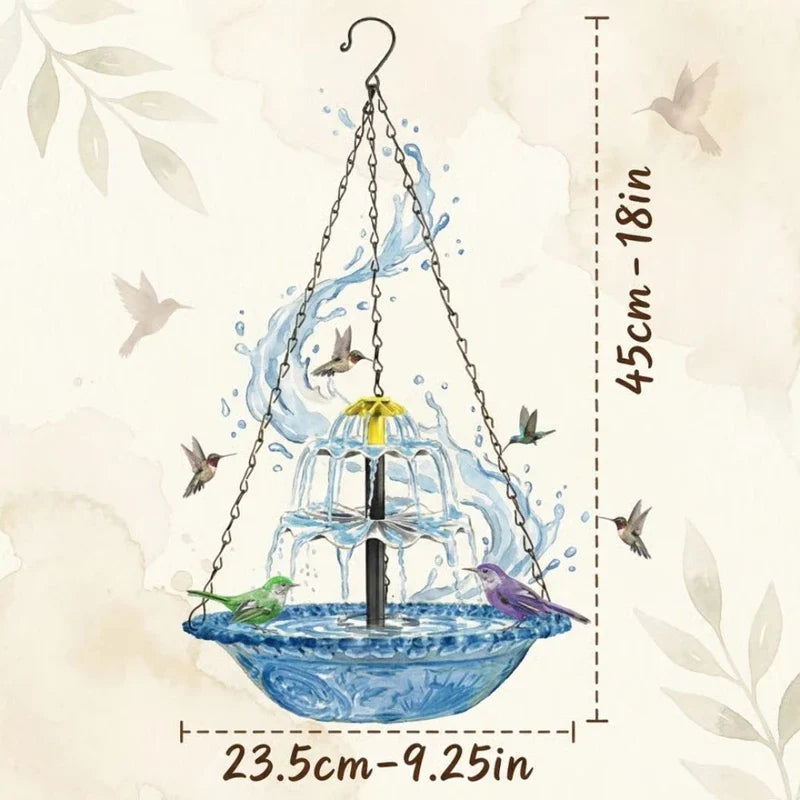 Hanging Bird Bath - Illustrated hanging fountain with birds around it, marked with total height and bowl width measurement lines.