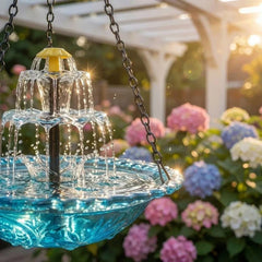 Hanging Bird Bath - Hanging three-tier water fountain with blue glass basin, in a garden with hydrangeas under warm sunlight