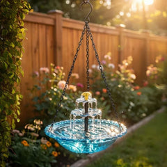 Hanging Bird Bath - Hanging three-tier water fountain with blue glass basin, suspended by black chains in a sunny fenced garden