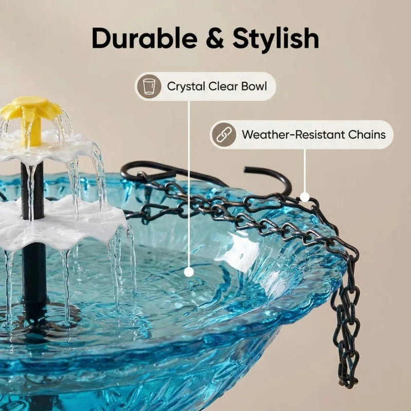Hanging Bird Bath - Close-up of a hanging fountain's blue textured bowl with black hanging chains; two labeled feature callouts point to parts.