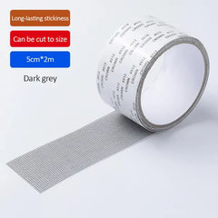 Roll of dark grey window screen repair tape, 5cm*2m size labels, partial mesh unrolled
