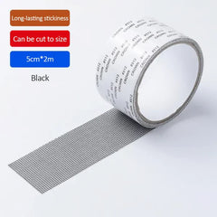 Roll of black window screen repair tape with labels noting long-lasting stickiness, cut-to-size, and 5cm*2m dimensions.