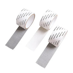 Three rolls of window screen repair tape, two with black mesh and one with white mesh, printed with CROWN #512G on backing, on white background