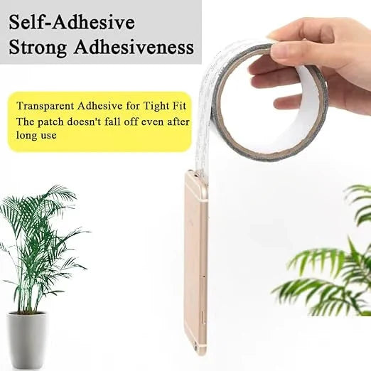 Hand holding a roll of window screen repair tape, tape stuck to a phone to show adhesion, text stating self-adhesive strong adhesiveness