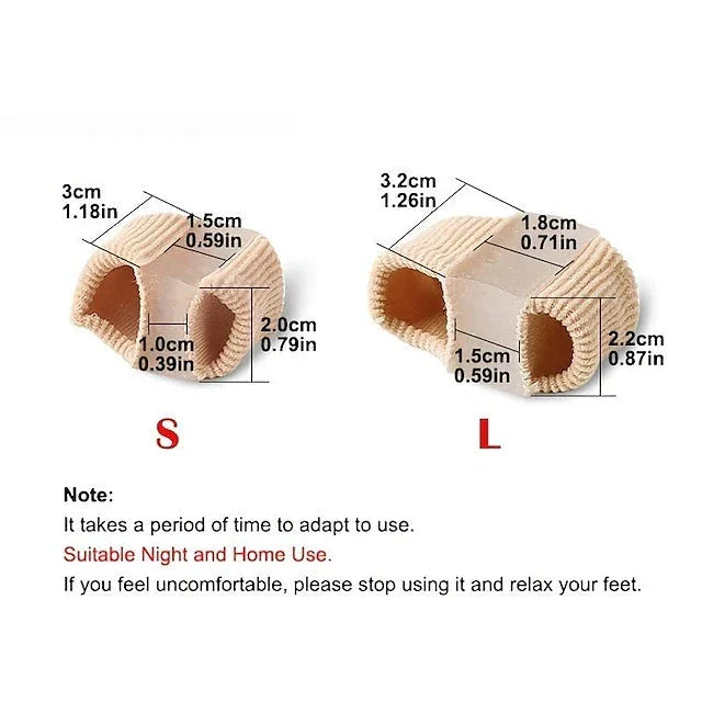 Toe Separator - Size S and L beige dual-hole toe separators with dimension labels, plus black and red usage note text on white background
