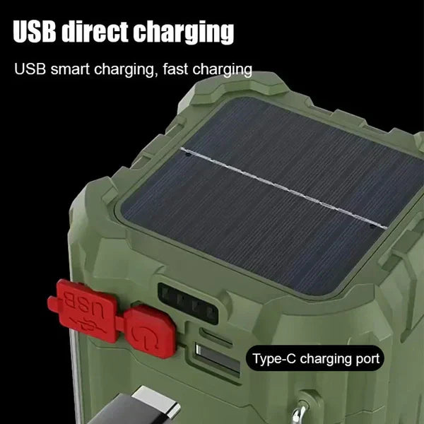 Rechargeable camping fan with light hanging from hook