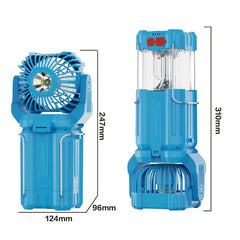 Led Light - Two blue multi-function camping devices showing dimensions; fan unit at left, lantern unit at right