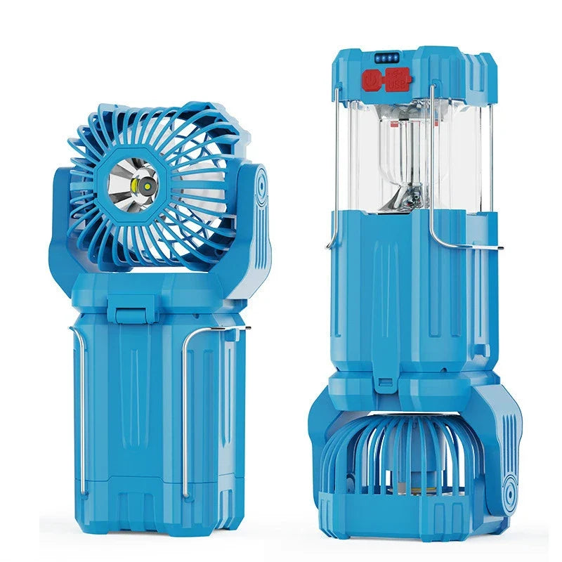 Led Light - Two blue multi-function camping devices, fan unit on left and lantern unit on right, on white background