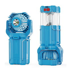 Led Light - Two blue multi-function camping devices, fan unit on left and lantern unit on right, on white background