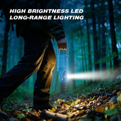 Led Light - Person holds a blue camping lantern fan by its handle, using its front focused flashlight beam on a forest path at night.