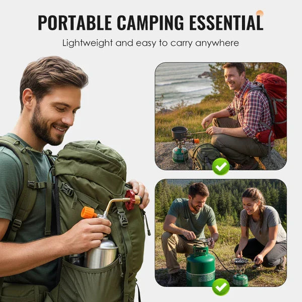 Outdoor Gas Canister Refill Adapter - Man packs gas canisters in backpack pocket, two inset camping scenes show camp stoves in use with green check marks
